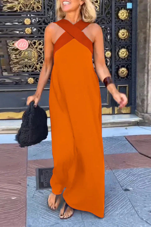 Women's Cross Back Sleeveless Maxi Dress with Halter Neck
