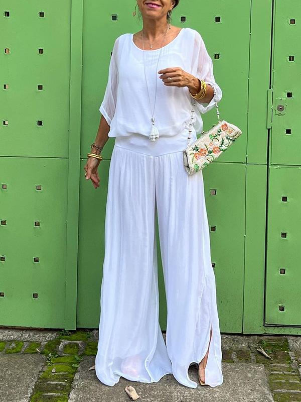 Elegant Chiffon Wide Leg Pants & V-Neck Two-Piece Set