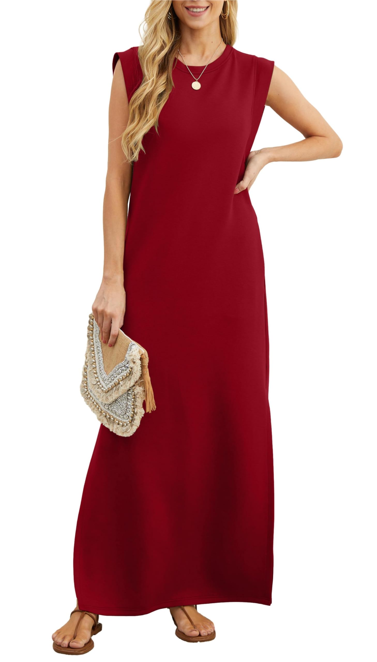 Women's Sleeveless Maxi Dress with Side Slit and Pockets