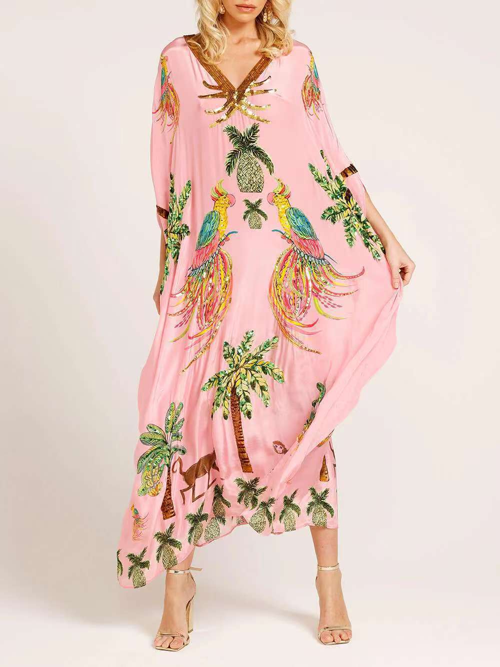Women's Tropical Print V-Neck Maxi Dress with Relaxed Fit