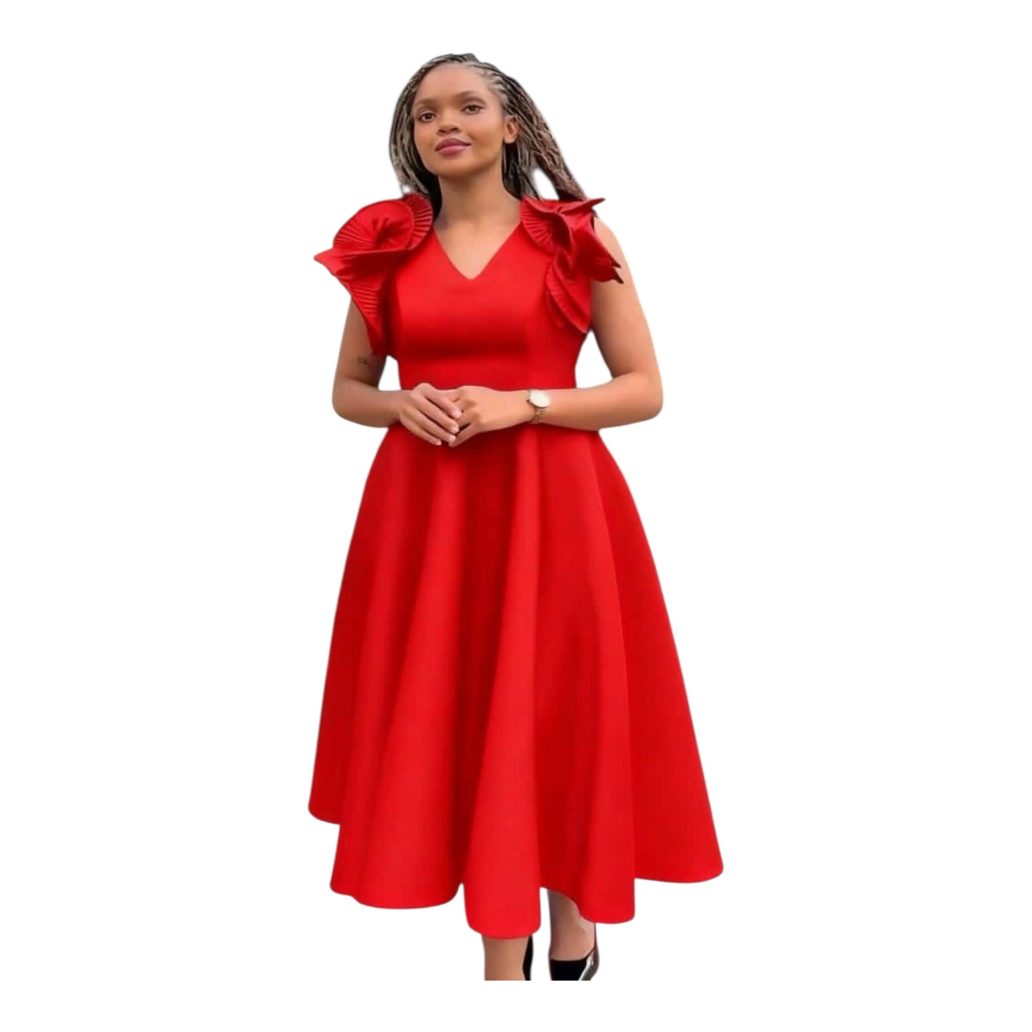 Women's Ruffle Sleeve V-Neck A-Line Midi Dress