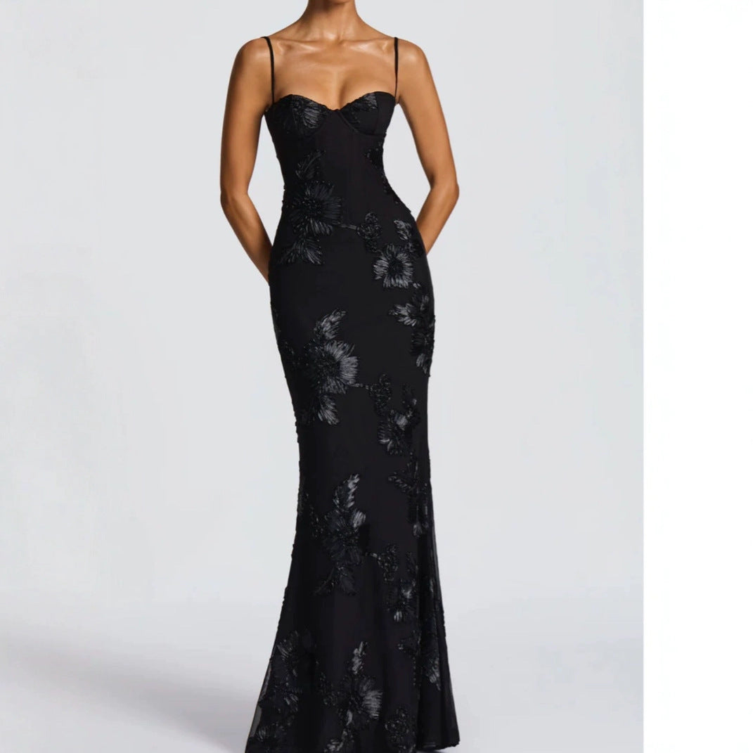 Women's Floral Embroidered Strapless Maxi Evening Gown