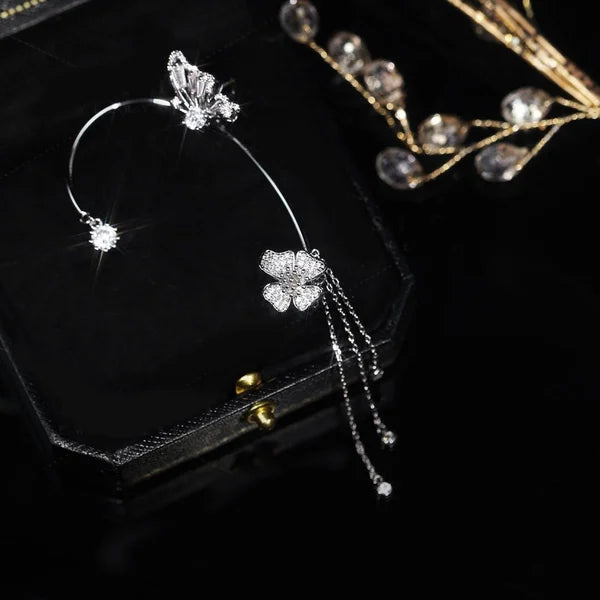GlowLuxe — Floral Ear Cuff Earrings with Crystal Accents and Tassel Design