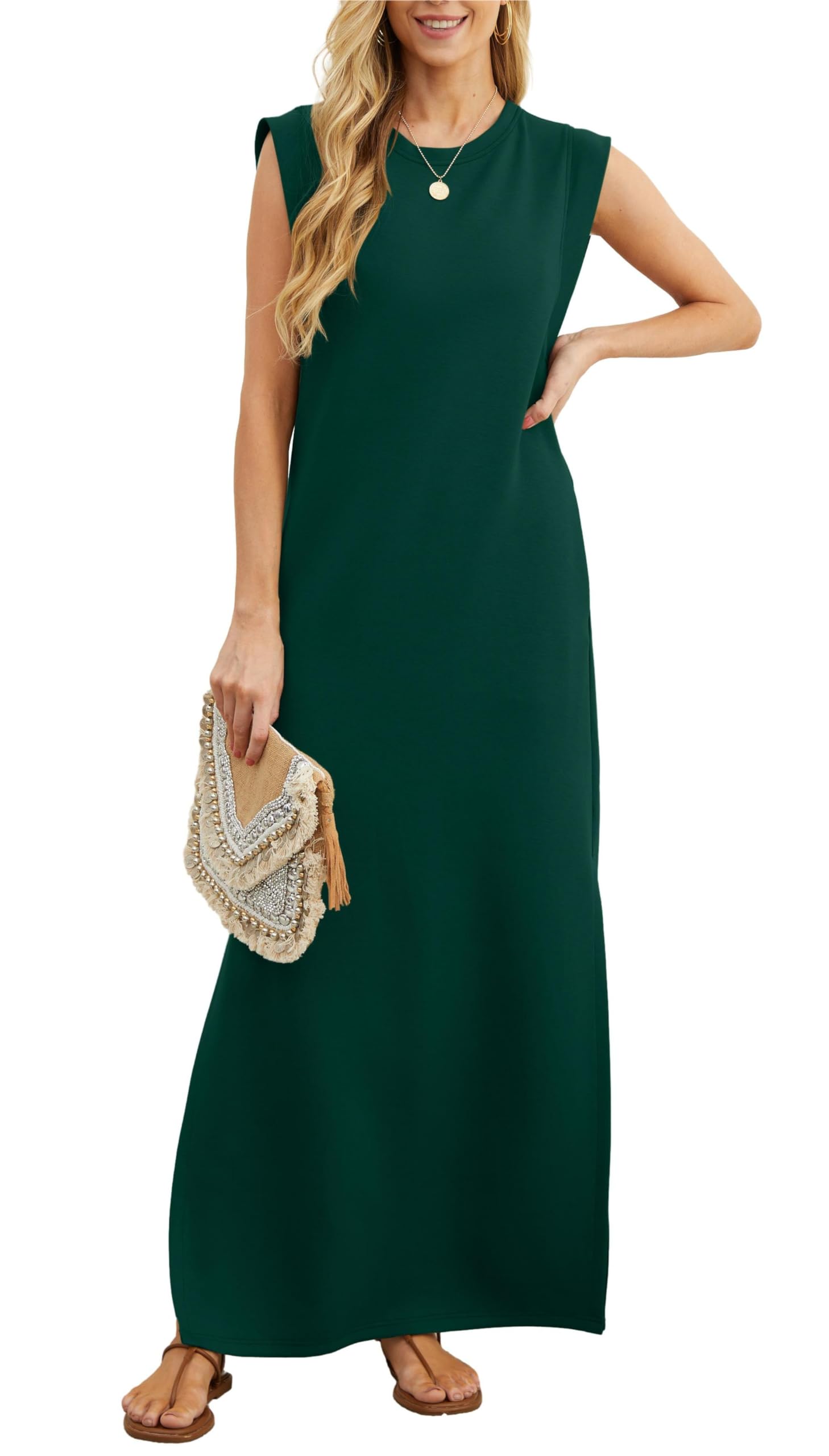Women's Sleeveless Maxi Dress with Side Slit and Pockets