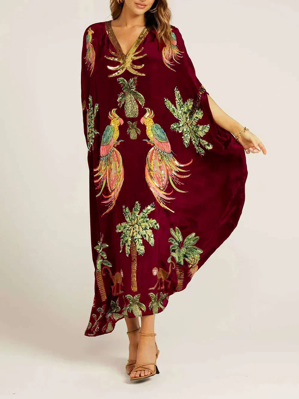 Women's Tropical Print V-Neck Maxi Dress with Relaxed Fit