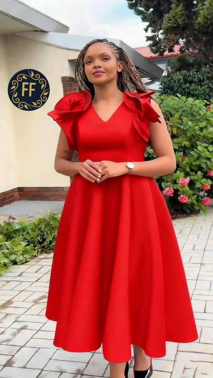 Women's Ruffle Sleeve V-Neck A-Line Midi Dress