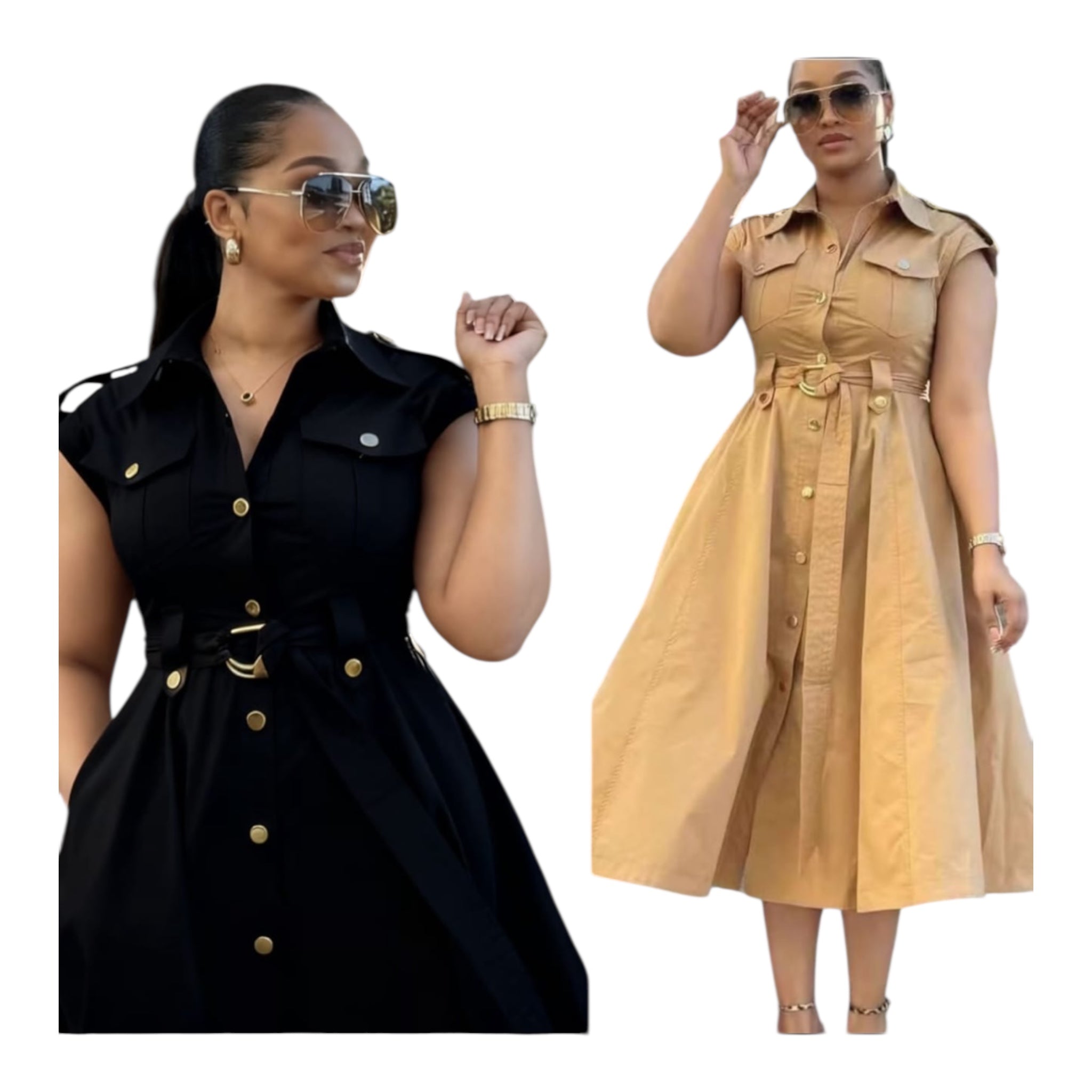 Women's Belted Button-Up Midi Shirt Dress