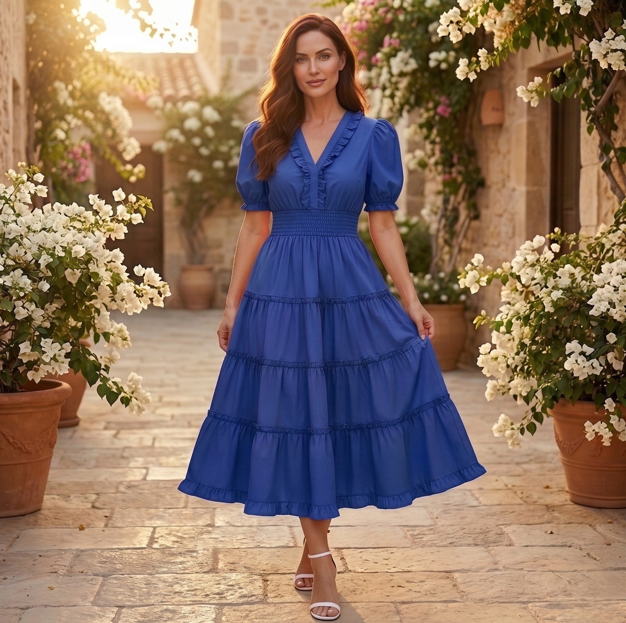 Tiearrla - Smocked Waist Puff Sleeve Tiered Flowy Midi Dress