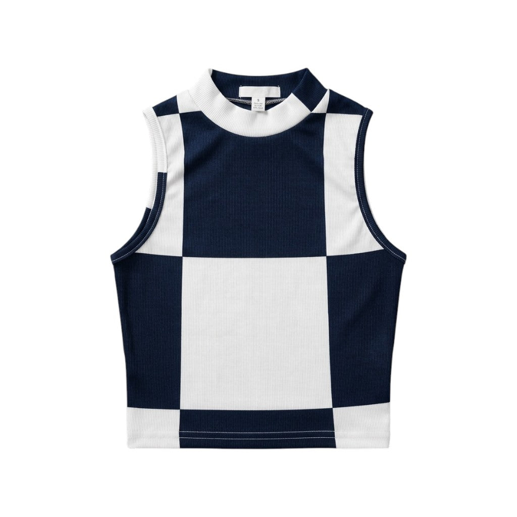 Women's Checkered Ribbed Sleeveless Mock Neck Crop Top