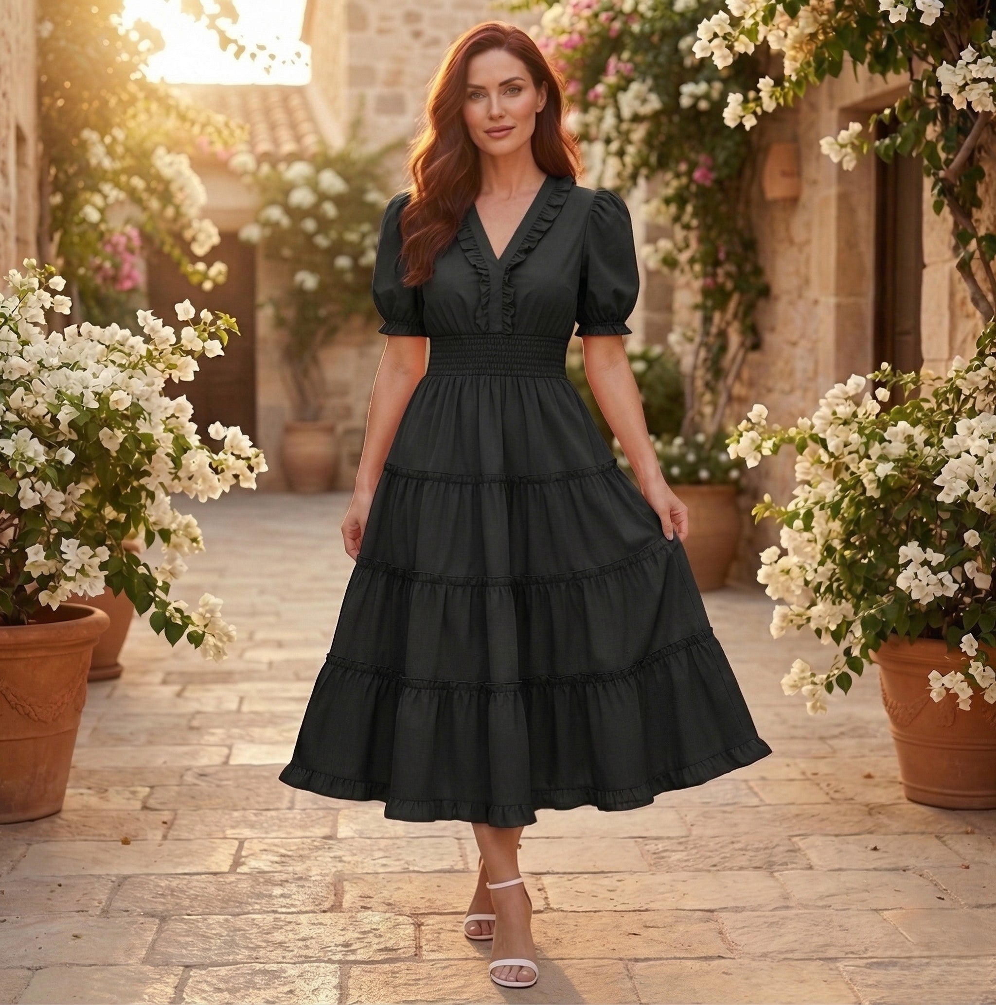Tiearrla - Smocked Waist Puff Sleeve Tiered Flowy Midi Dress
