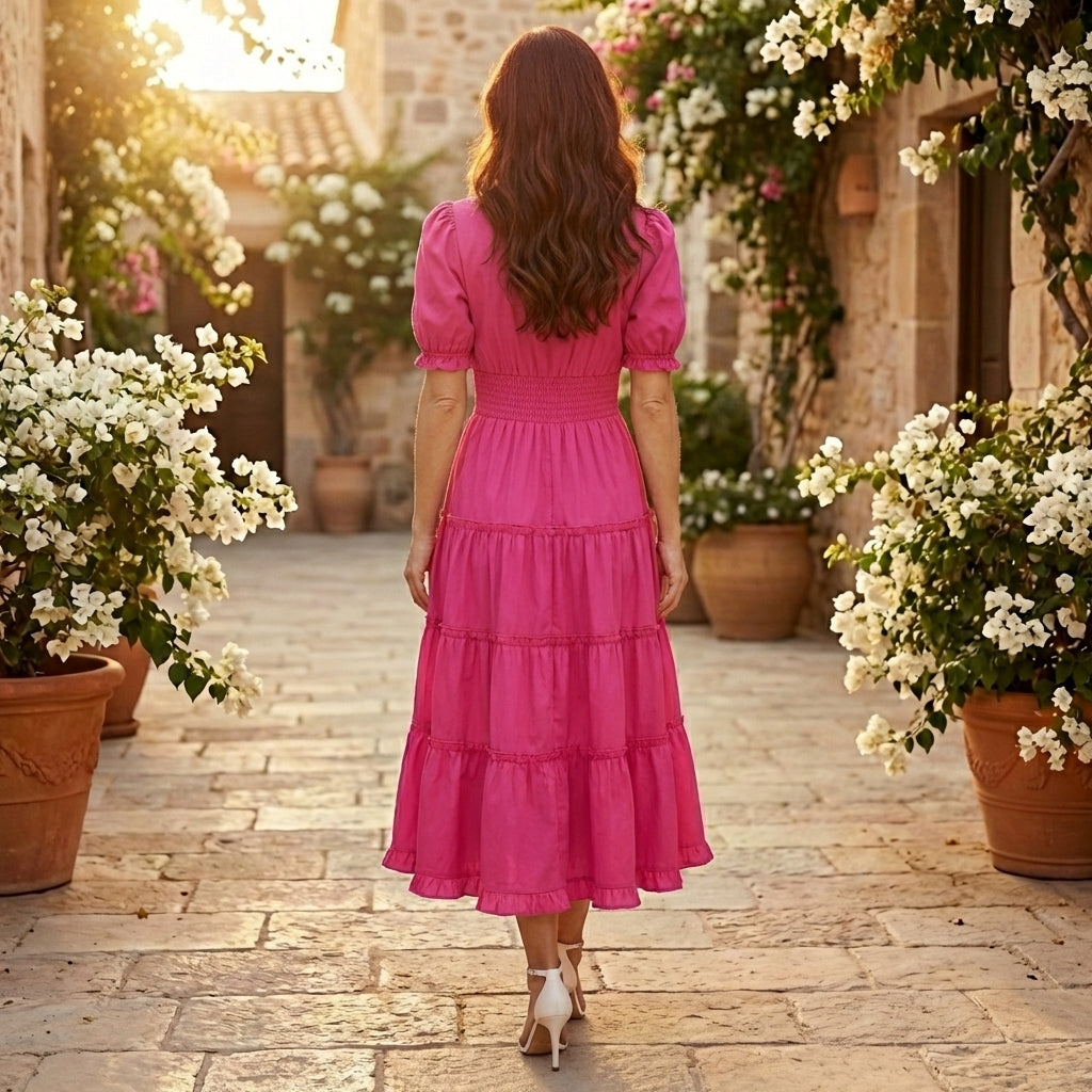 Tiearrla - Smocked Waist Puff Sleeve Tiered Flowy Midi Dress