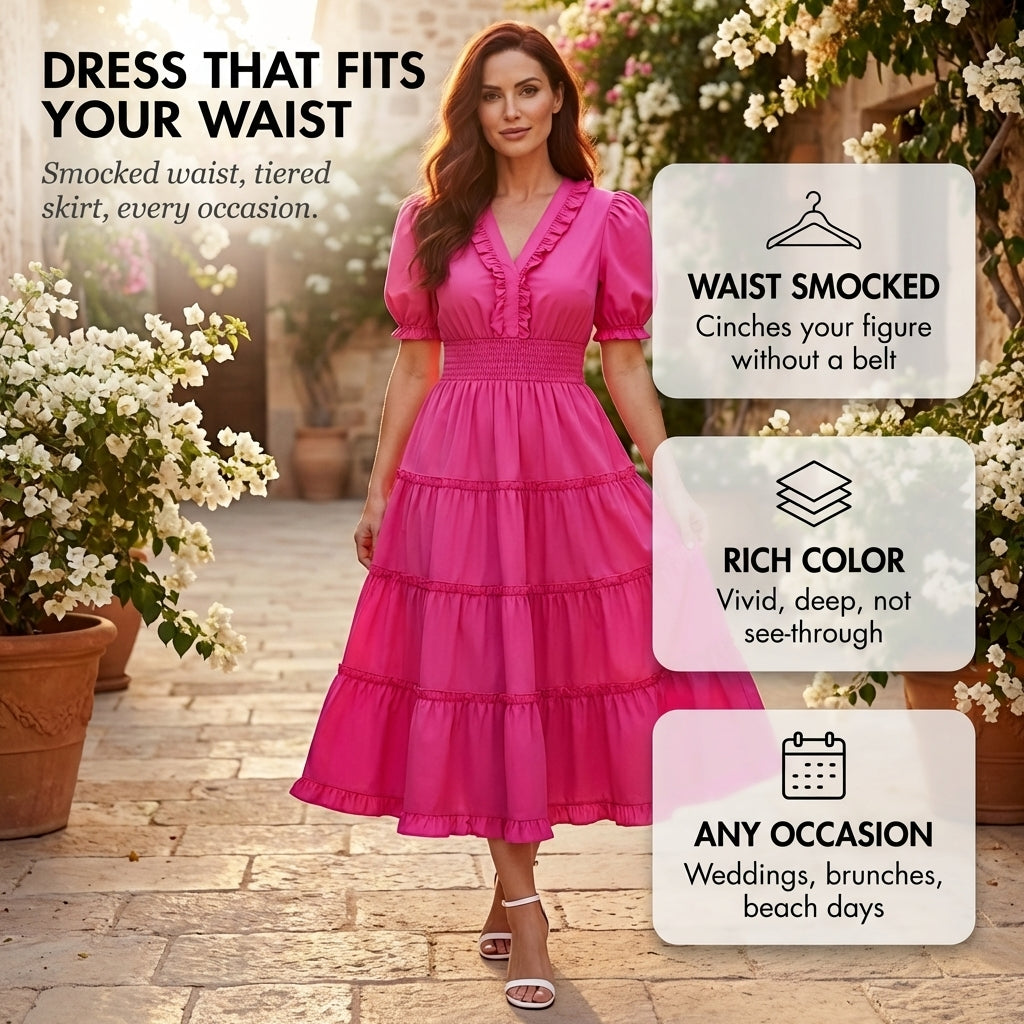 Tiearrla - Smocked Waist Puff Sleeve Tiered Flowy Midi Dress