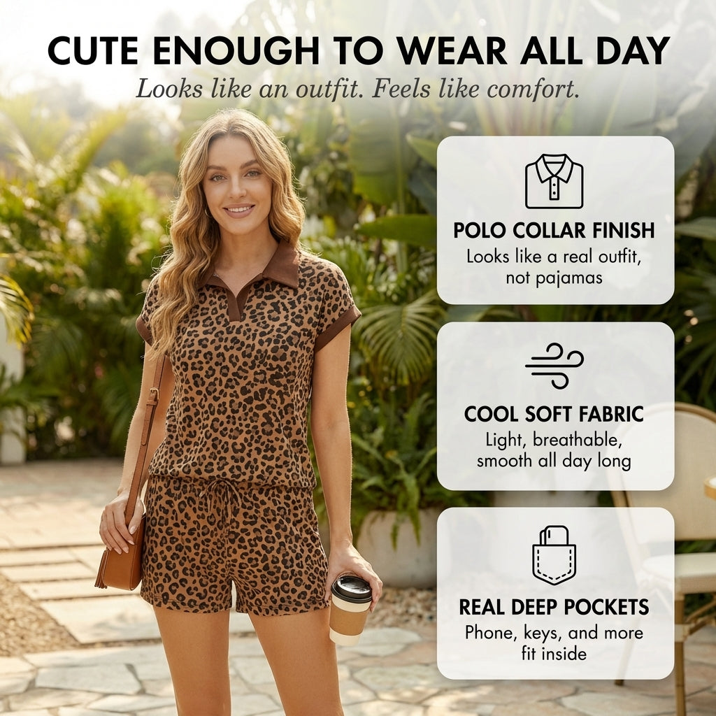 Linvale - Set casual de casă cu top cu guler polo, imprimeu leopard și pantaloni scurți cu șnur ajustabil