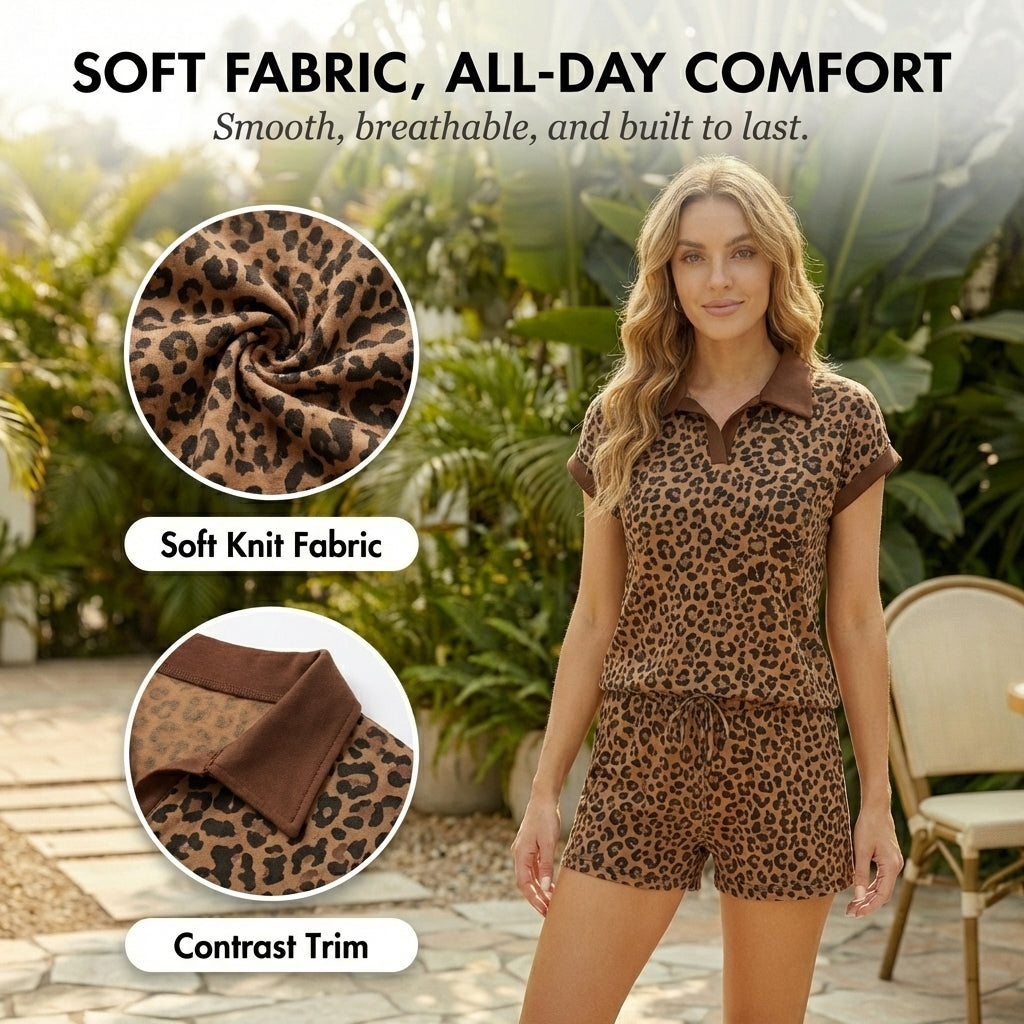 Linvale - Set casual de casă cu top cu guler polo, imprimeu leopard și pantaloni scurți cu șnur ajustabil