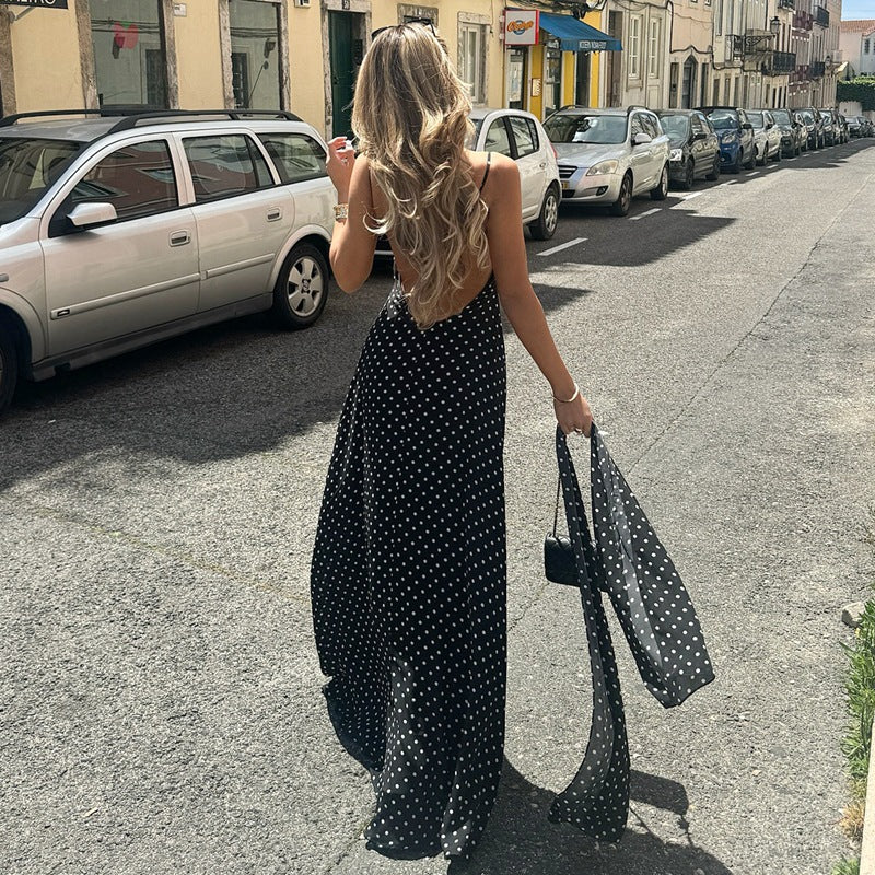 Zena - Classic Polka Dots V-Neck Backless Maxi Dress