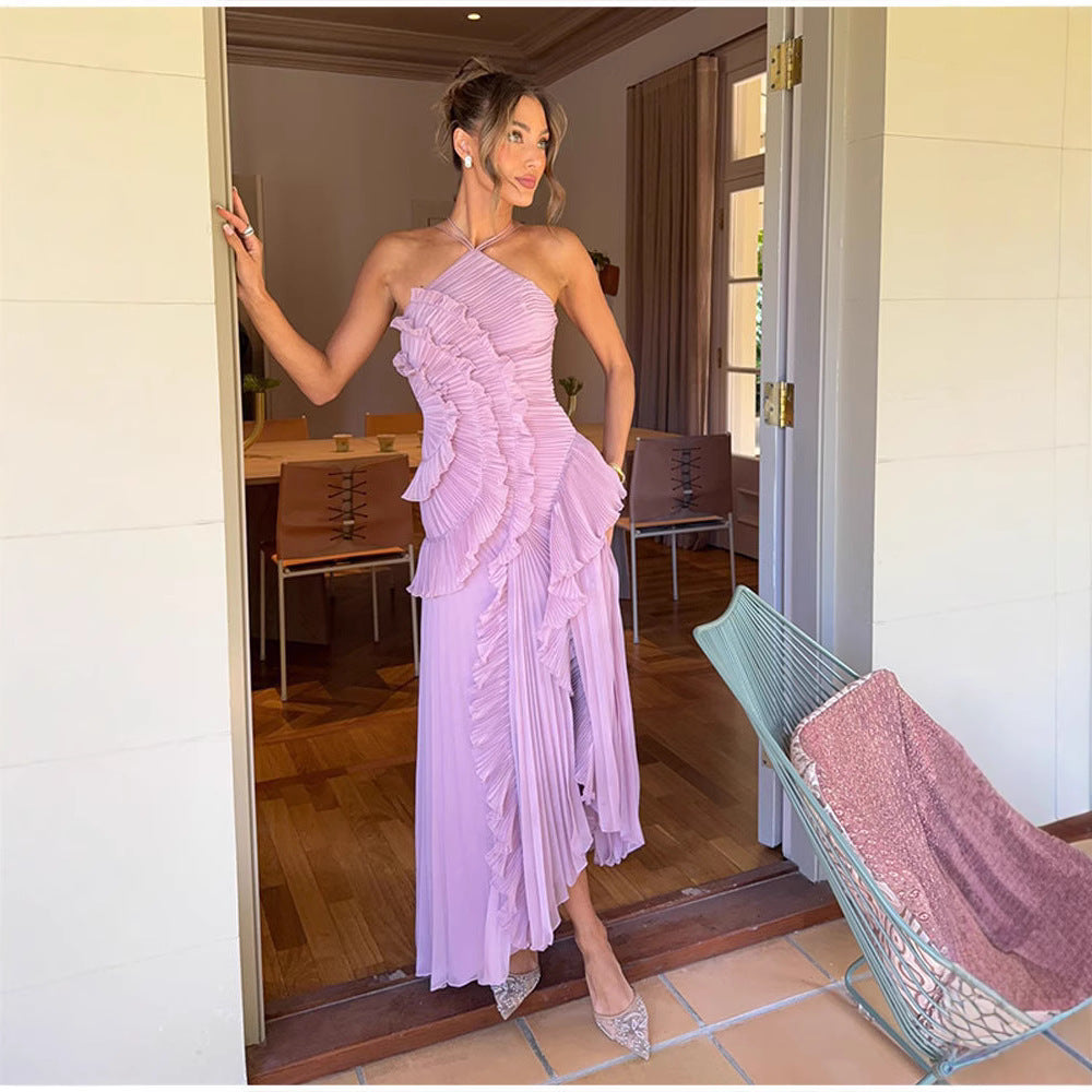 Regine - Elegant Halter Neck Lotus Summer Maxi Dress