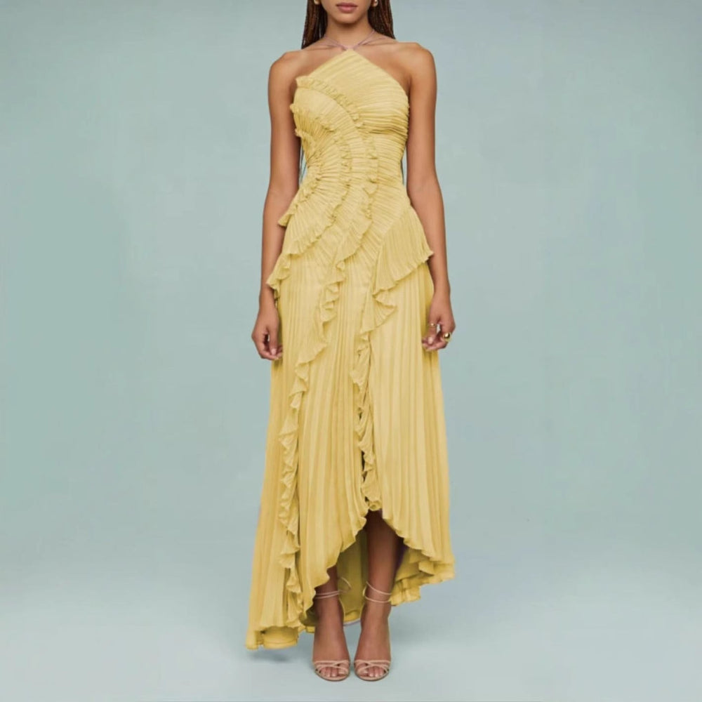 Regine - Elegant Halter Neck Lotus Summer Maxi Dress