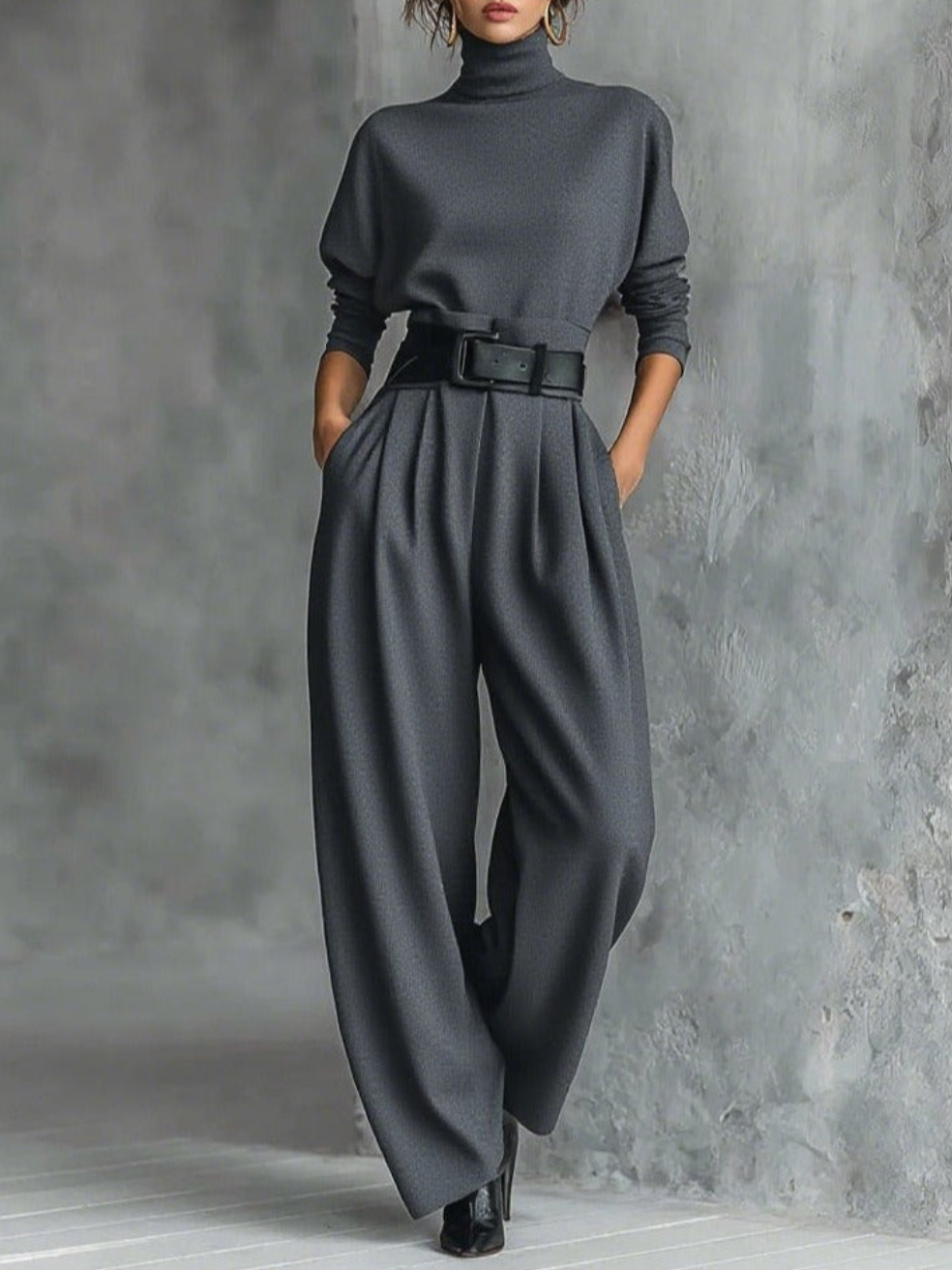 Jessica - Elegantní set s topem & kalhotami s rovnými nohavicemi, přiléhavý rolák a propracované kalhoty
