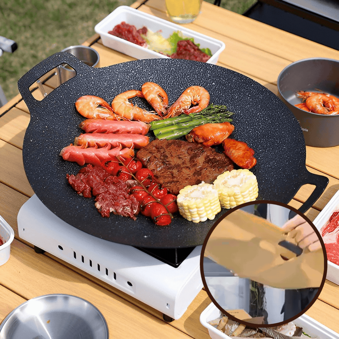 GrillMaster Pro – Runde Grillplatte mit Griffen für Küche, Balkon und Garten