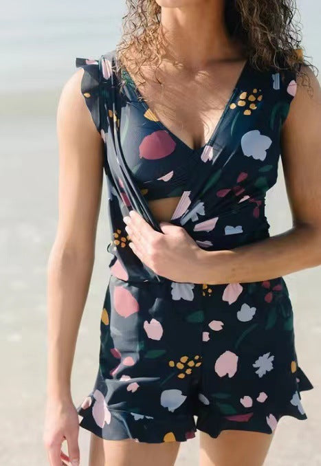 Women's Swim Romper with V-Neck and Built-In Support