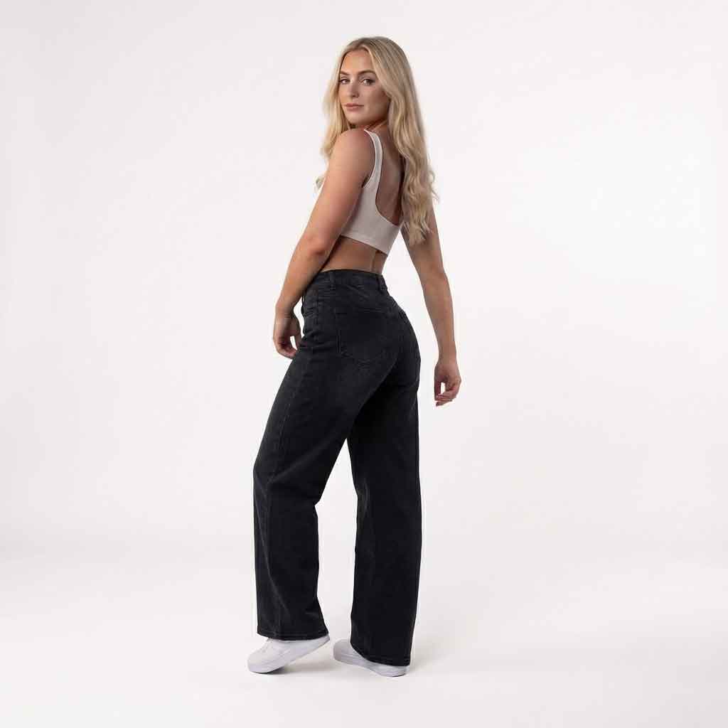 Jeans da donna in denim a vita media con gamba ampia