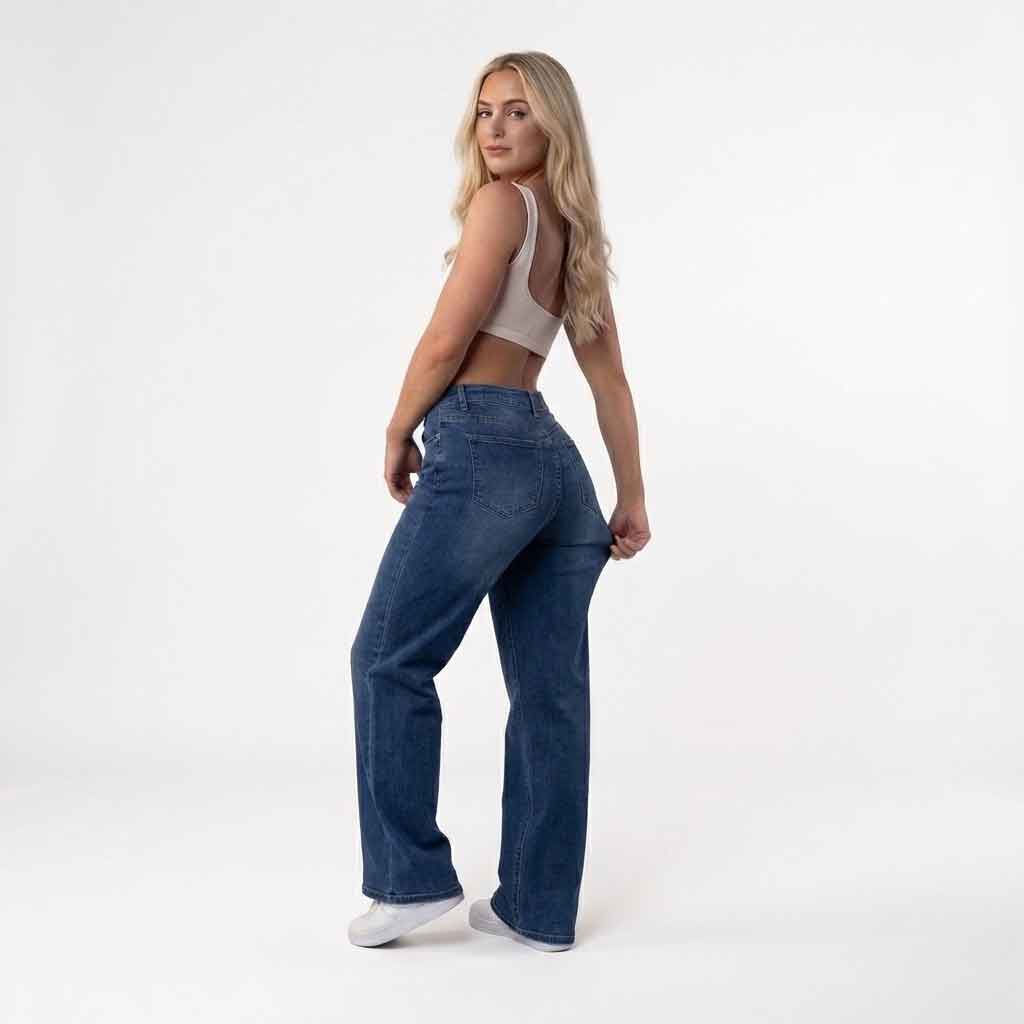 Jeans da donna in denim a vita media con gamba ampia