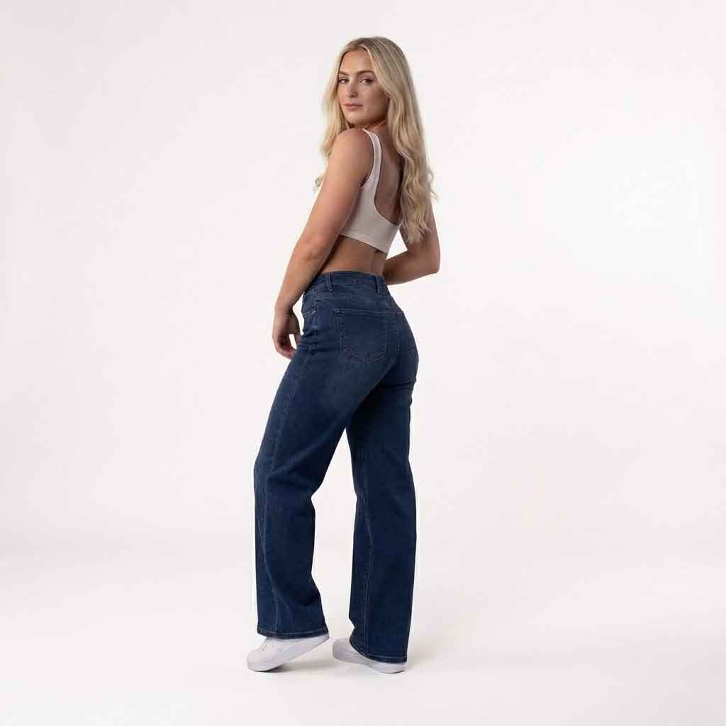 Jeans da donna in denim a vita media con gamba ampia