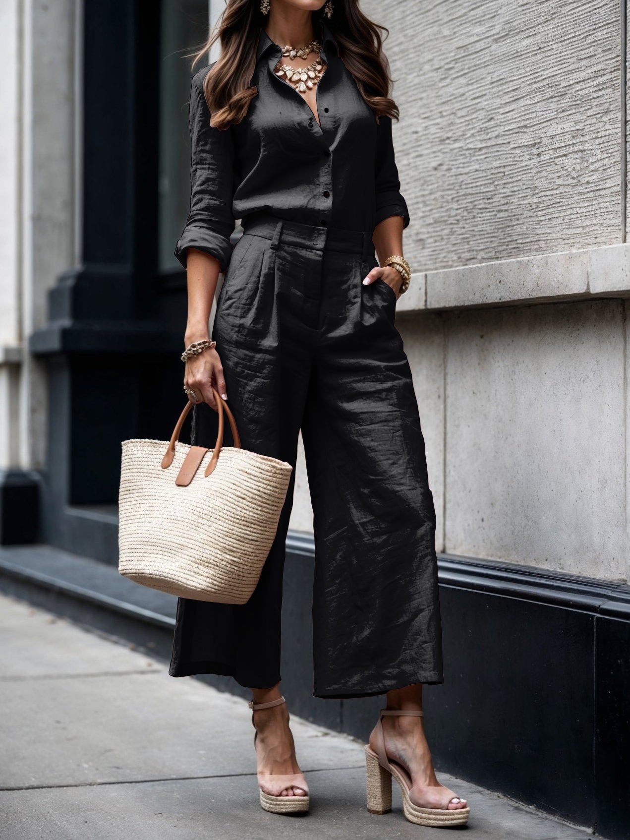 Nelle - Elegantní set s košilí & capri kalhotami, pohodlná košile a zkrácené kalhoty