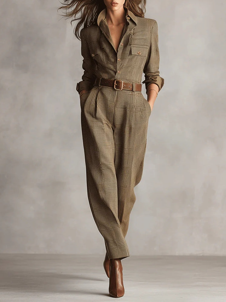 Rowena - Brauner Utility-Jumpsuit aus kariertem Tweed