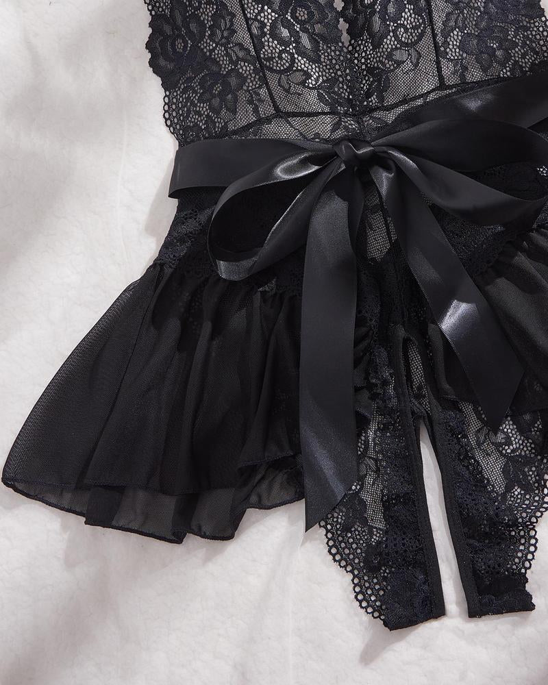 VeloraMist — Women's Lace Babydoll Lingerie with Halter Neck and Bow Detail