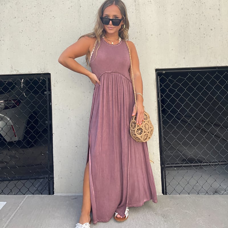 Women's Sleeveless Maxi Dress with Side Slit and Racerback