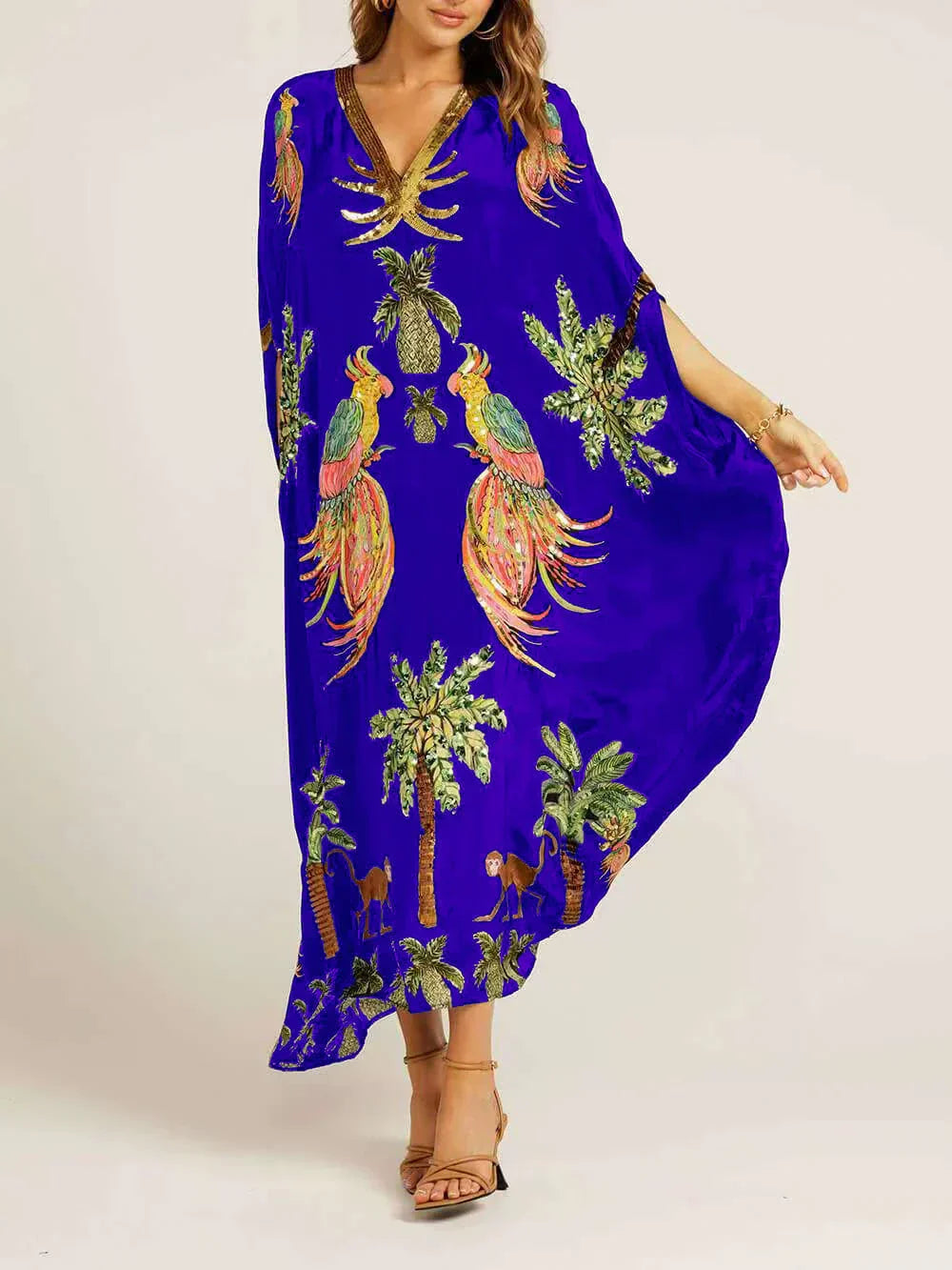 Women's Tropical Print V-Neck Maxi Dress with Relaxed Fit