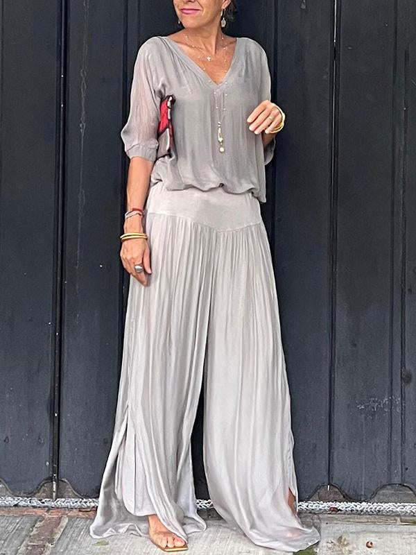 Elegant Chiffon Wide Leg Pants & V-Neck Two-Piece Set
