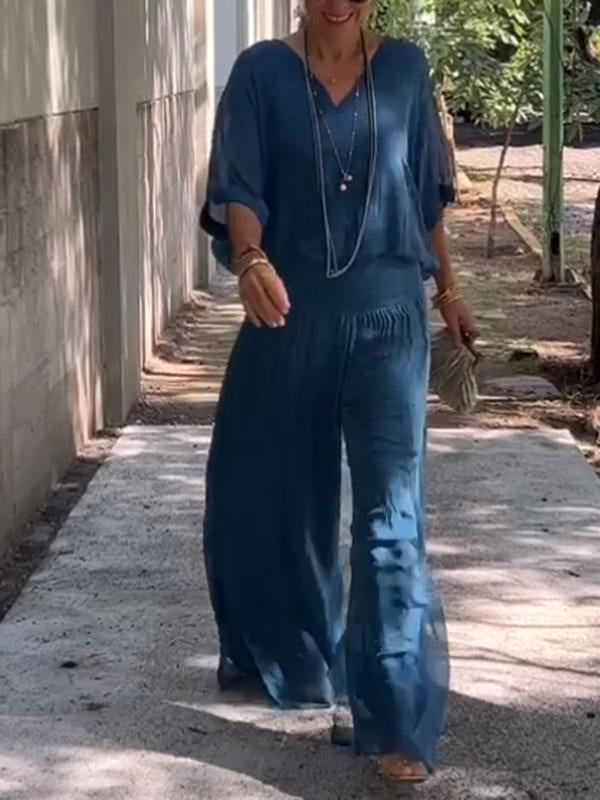 Elegant Chiffon Wide Leg Pants & V-Neck Two-Piece Set