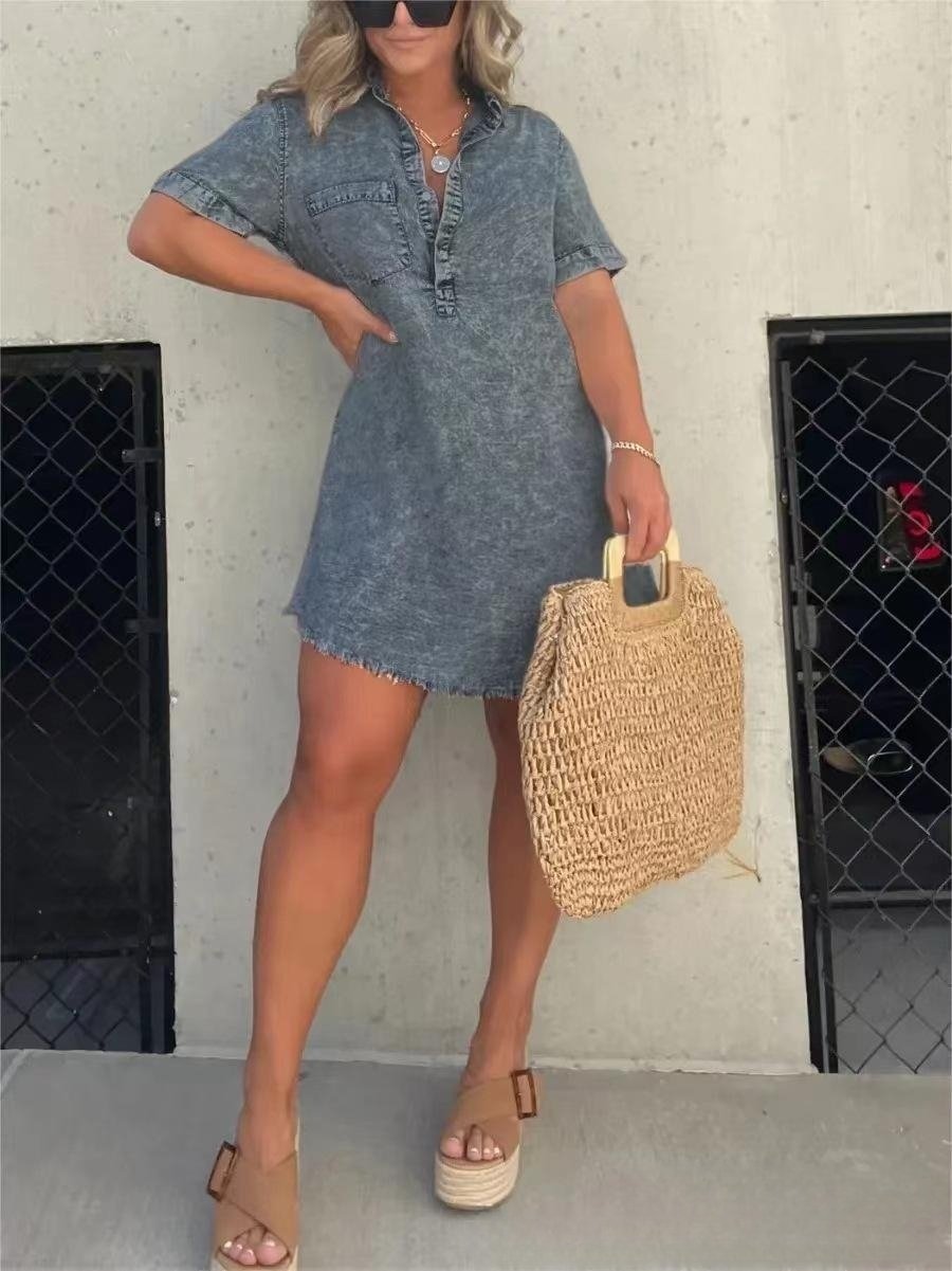 Women's Short Sleeve Button Front Denim Shirt Dress