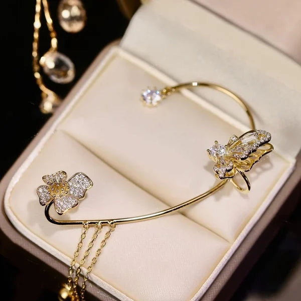 GlowLuxe — Floral Ear Cuff Earrings with Crystal Accents and Tassel Design