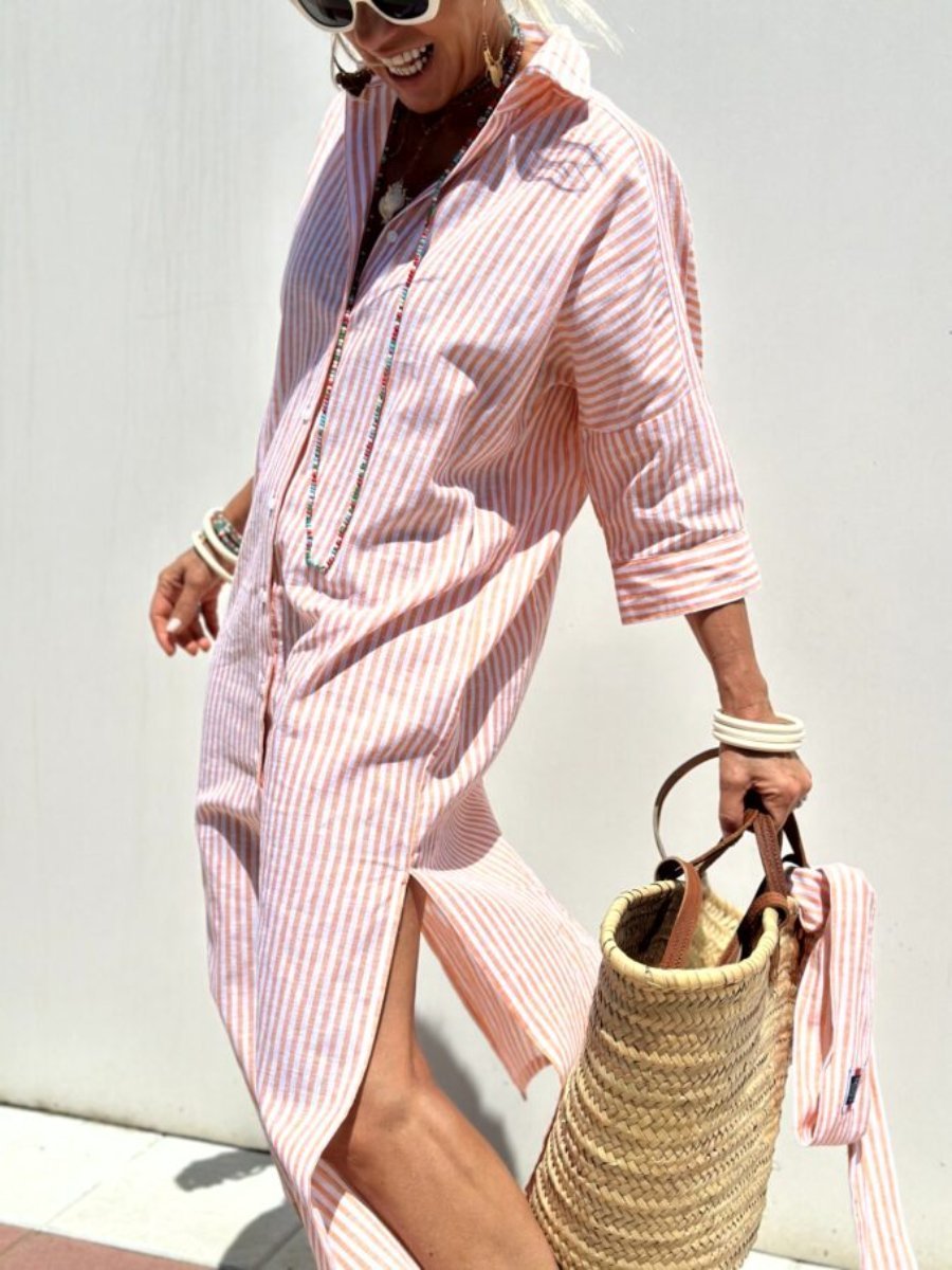 Women's Striped Button-Up Shirt Dress with Relaxed Fit