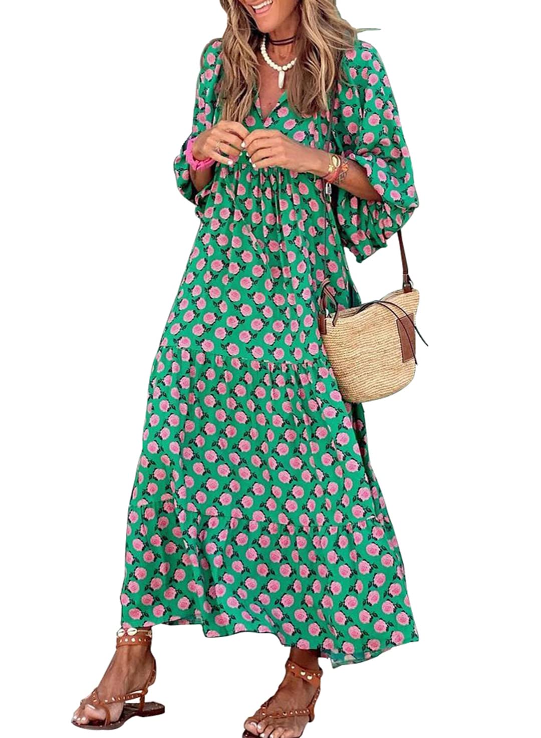 Women's Floral Boho Maxi Dress with Puff Sleeves