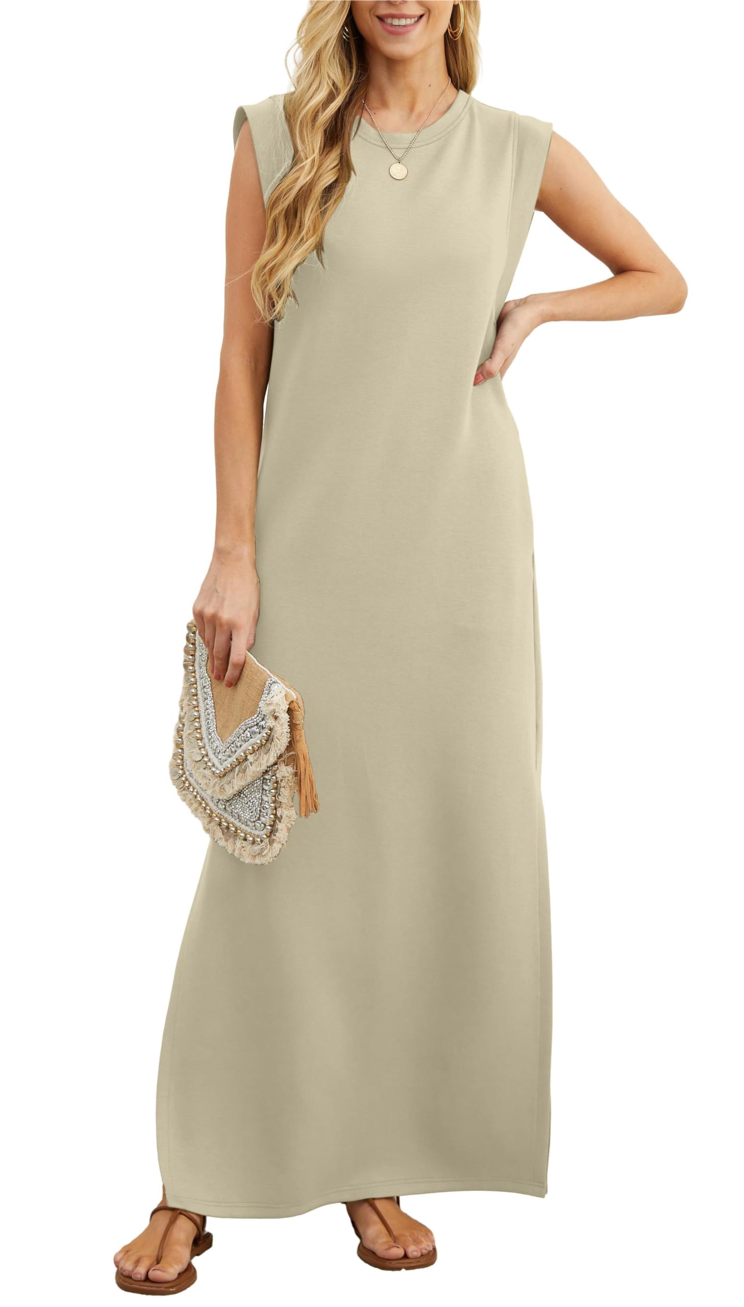 Women's Sleeveless Maxi Dress with Side Slit and Pockets