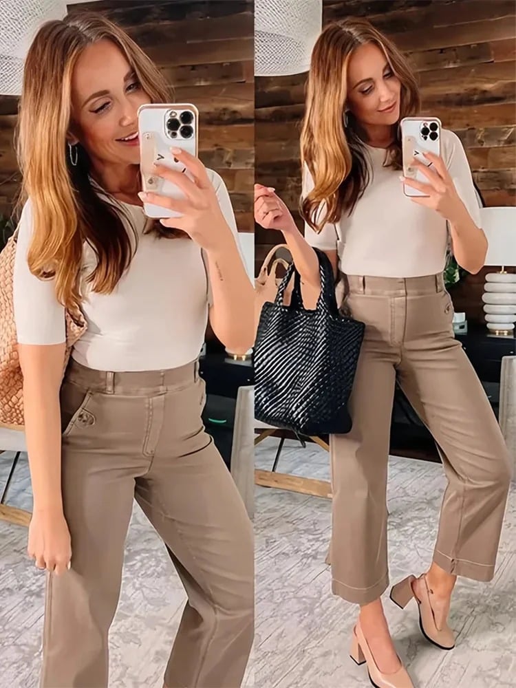 Γυναικείο cropped παντελόνι από twill με φαρδιά μπατζάκια και ελαστική μέση pull-on