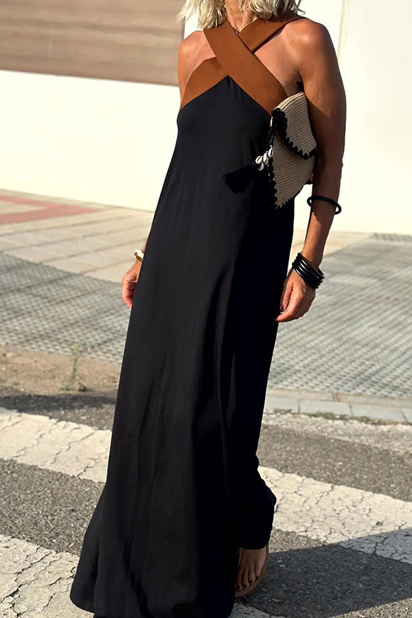 Women's Cross Back Sleeveless Maxi Dress with Halter Neck