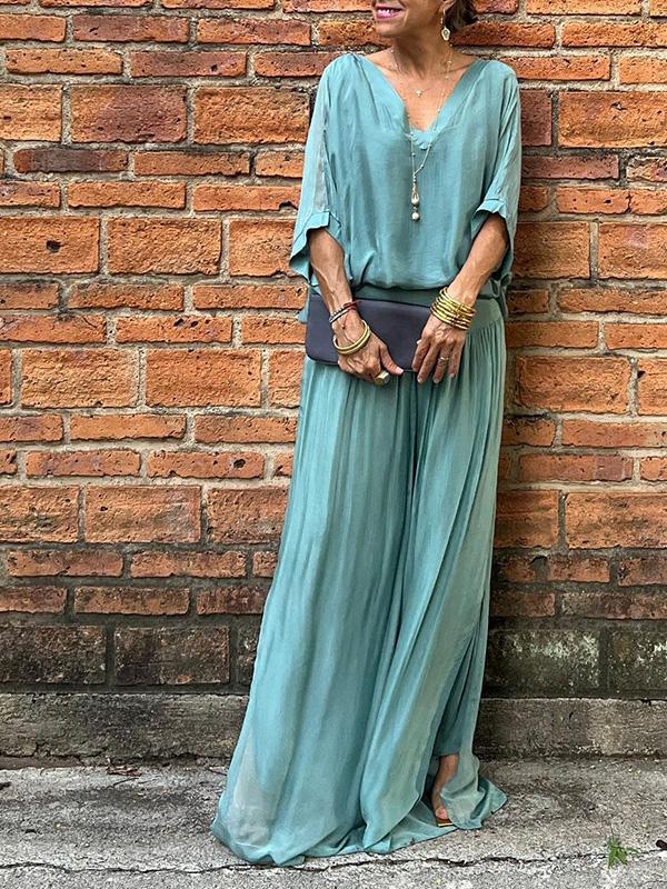 Elegant Chiffon Wide Leg Pants & V-Neck Two-Piece Set