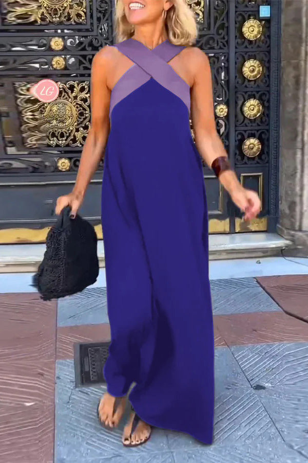Women's Cross Back Sleeveless Maxi Dress with Halter Neck