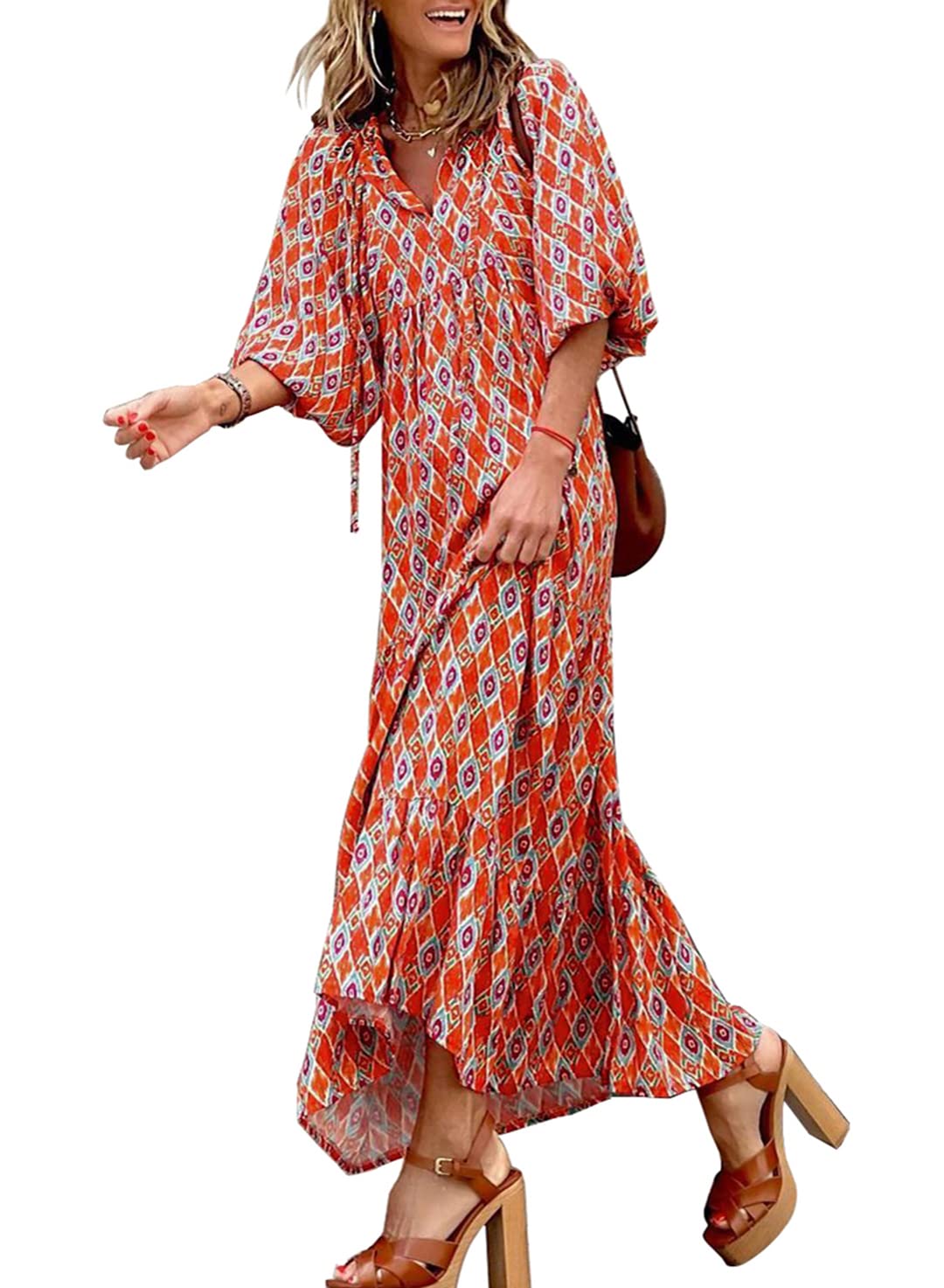 Women's Floral Boho Maxi Dress with Puff Sleeves
