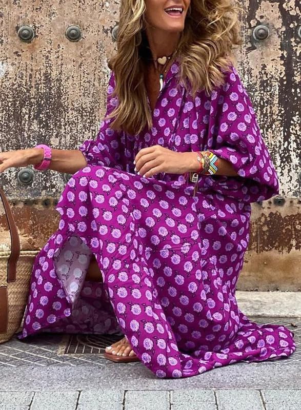 Women's Floral Boho Maxi Dress with Puff Sleeves