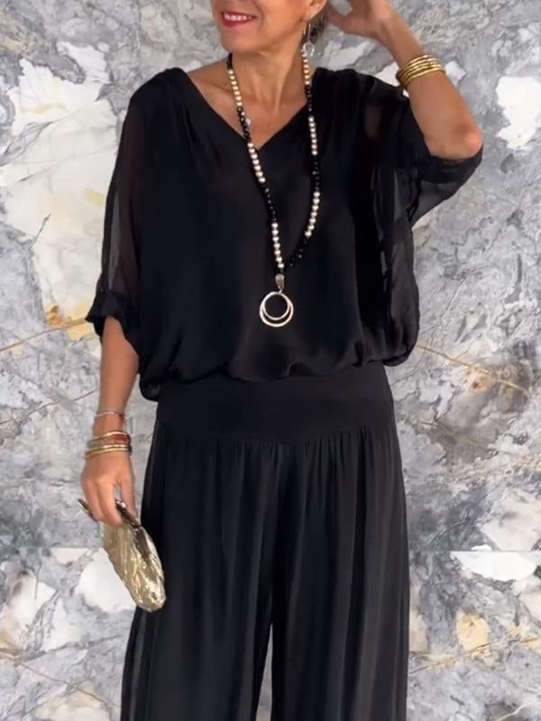 Elegant Chiffon Wide Leg Pants & V-Neck Two-Piece Set