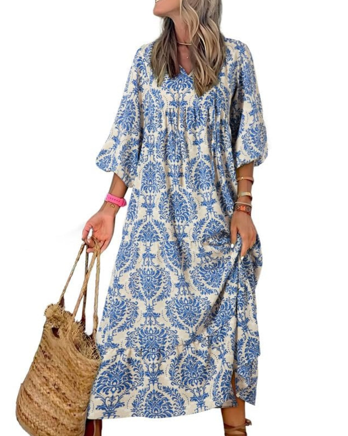 Women's Floral Boho Maxi Dress with Puff Sleeves