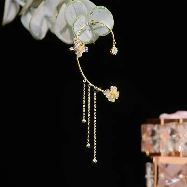 GlowLuxe — Floral Ear Cuff Earrings with Crystal Accents and Tassel Design