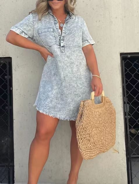 Women's Short Sleeve Button Front Denim Shirt Dress