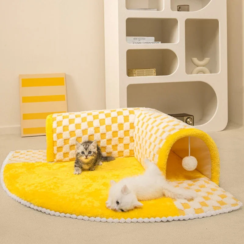 2-in-1 Plush Tunnel Bed for Cats & Small Dogs
